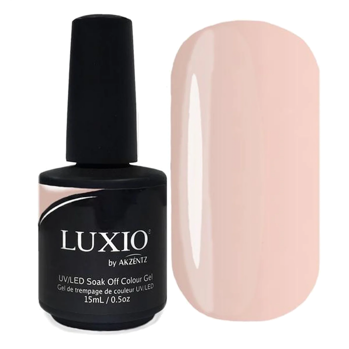 15ml — Luxio Cremelle Gel Polish — swatch on nail tip, semi-sheer nude finish