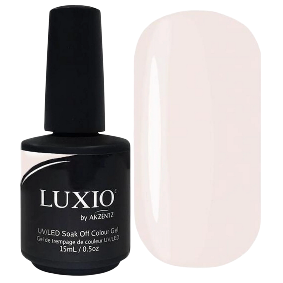 15ml — Luxio Flirt Gel Polish — swatch on nail tip, shimmering nude finish