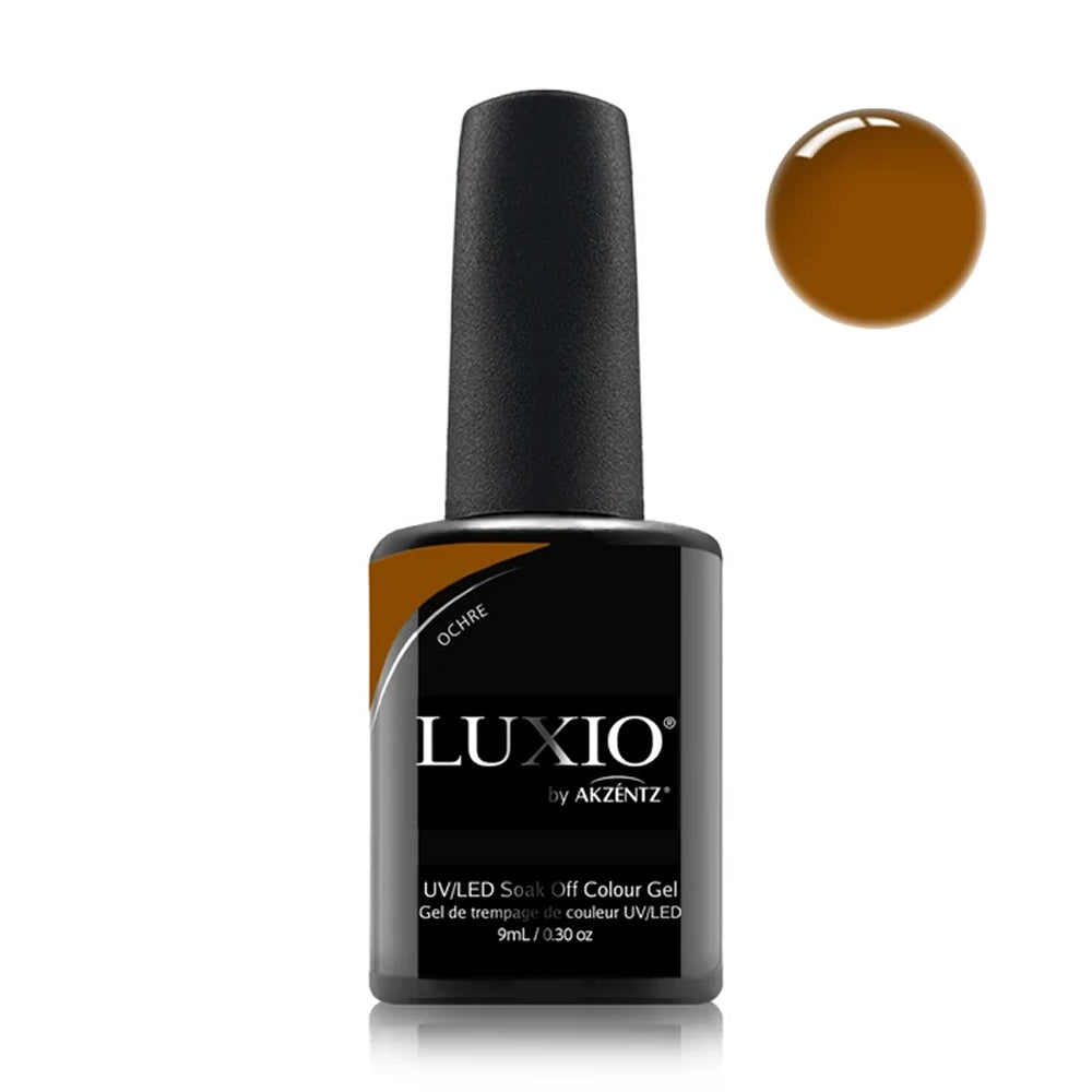 Luxio Ochre Gel Polish — closed bottle, warm golden yellow