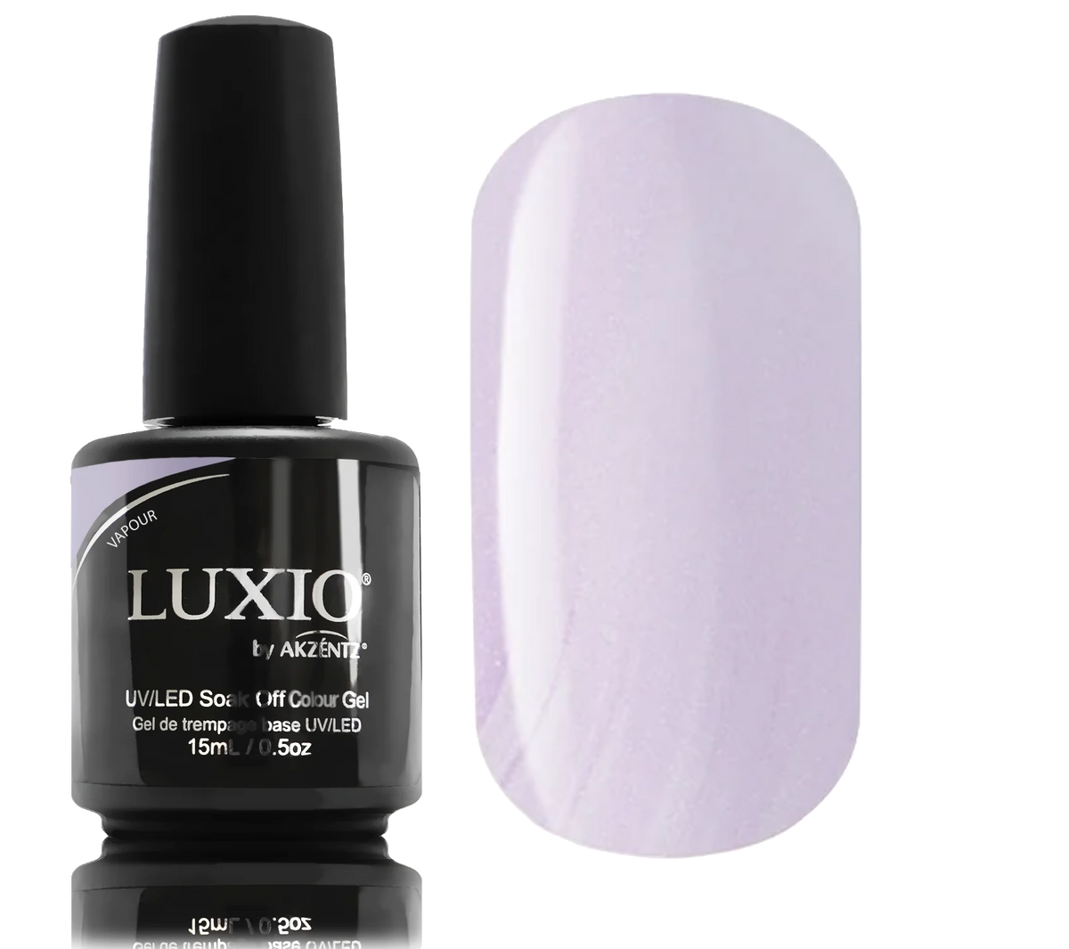 15ml — Luxio Vapour Gel Polish — open bottle with brush, lilac shimmer gel