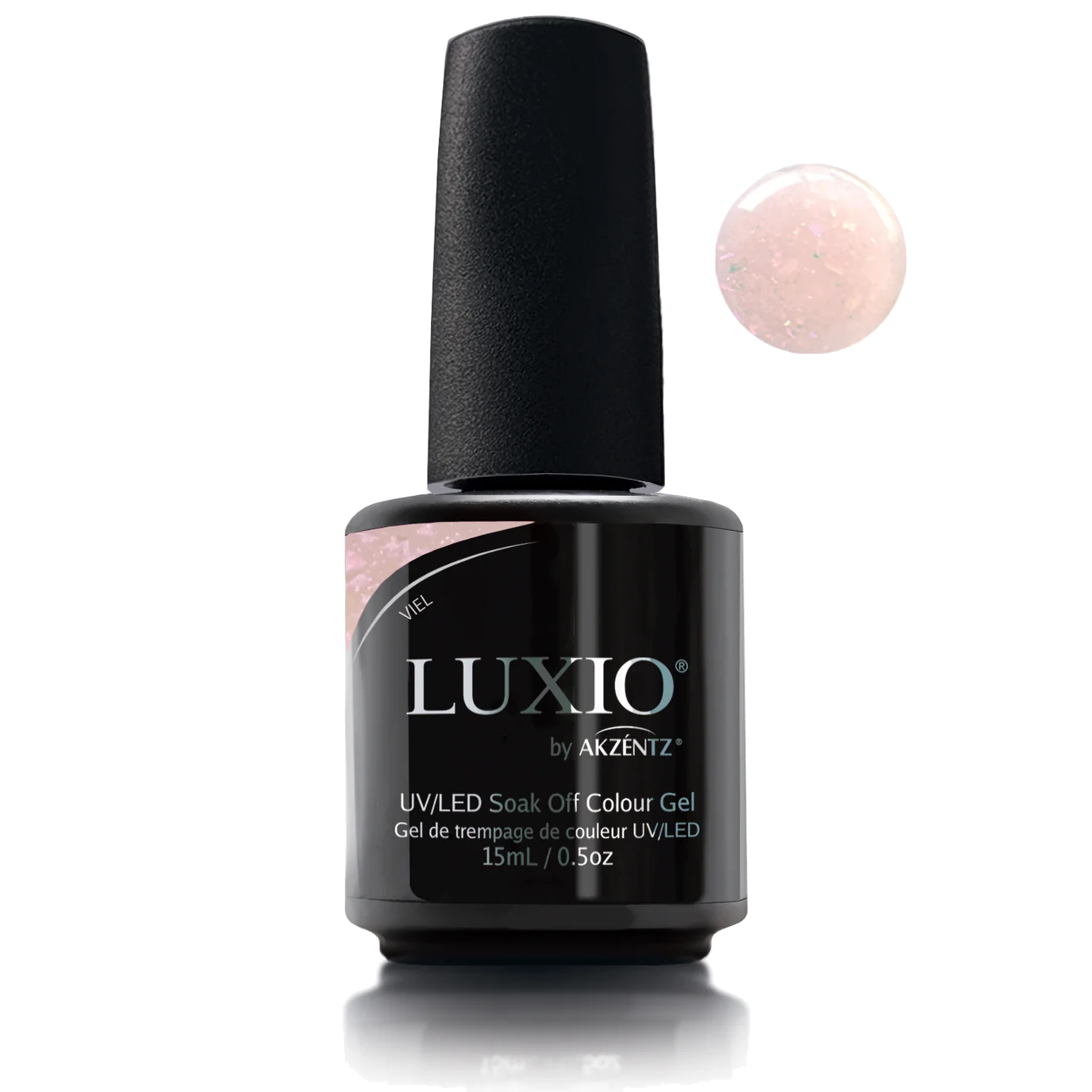 Luxio Veil Gel Polish — open bottle with brush, shimmering peach gel