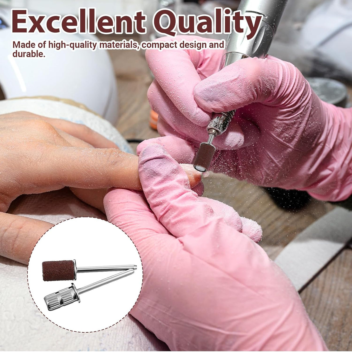 Ribbed mandrel mounted in a pink nail drill handpiece