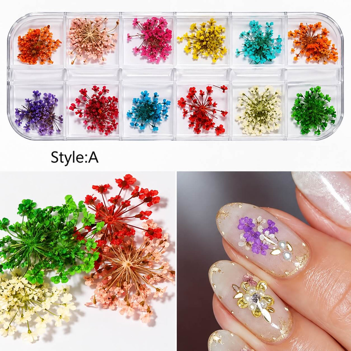 Mix dried flowers for nail art design in a 12-compartment case, variant #A