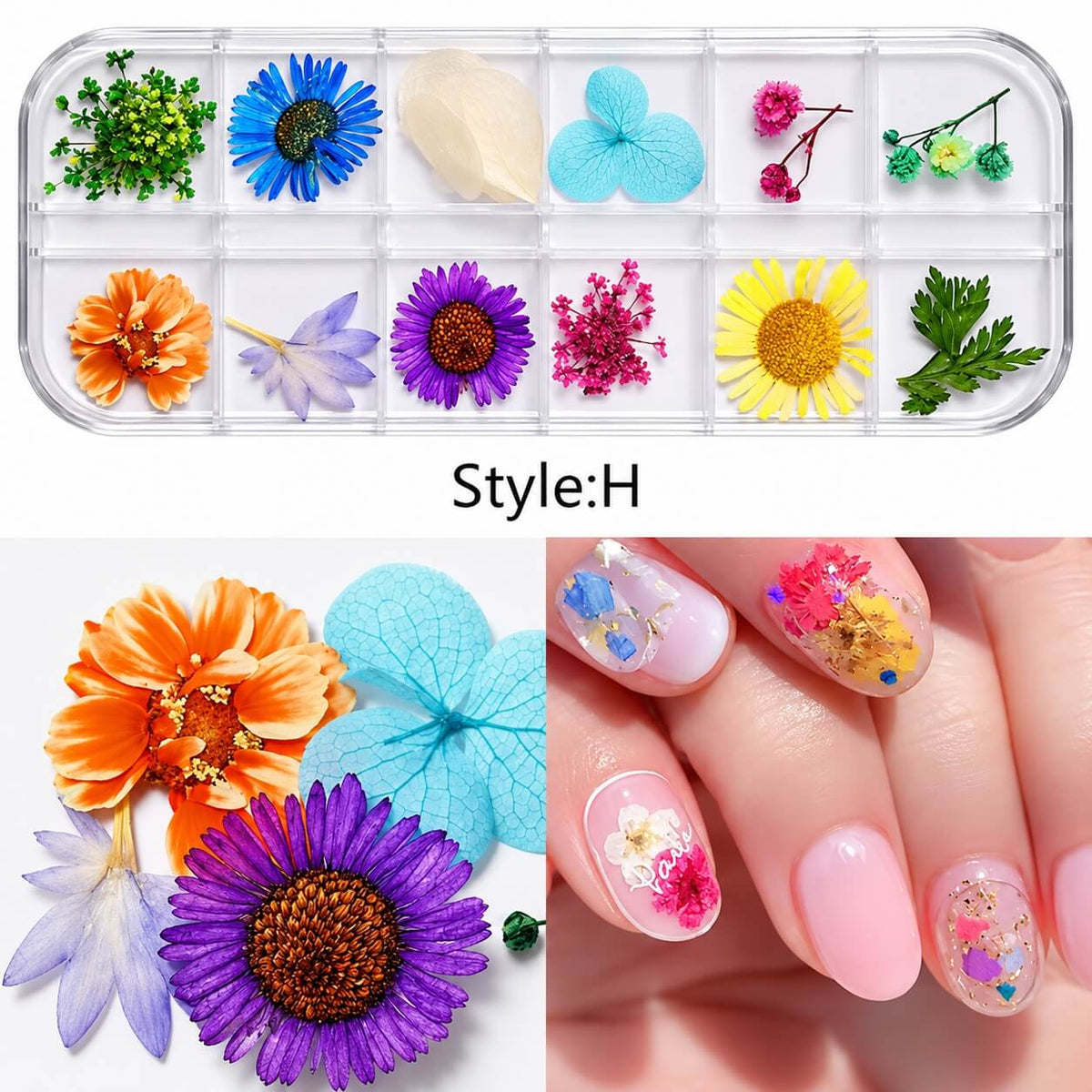 Mix dried flowers for nail art design #H in a 12-compartment case
