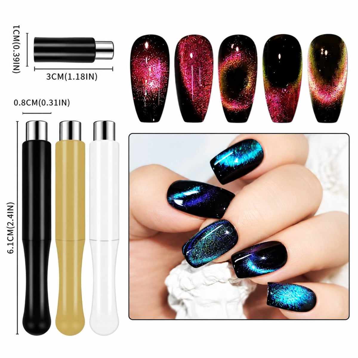 Green and blue cat eye nails made with magnetic tools