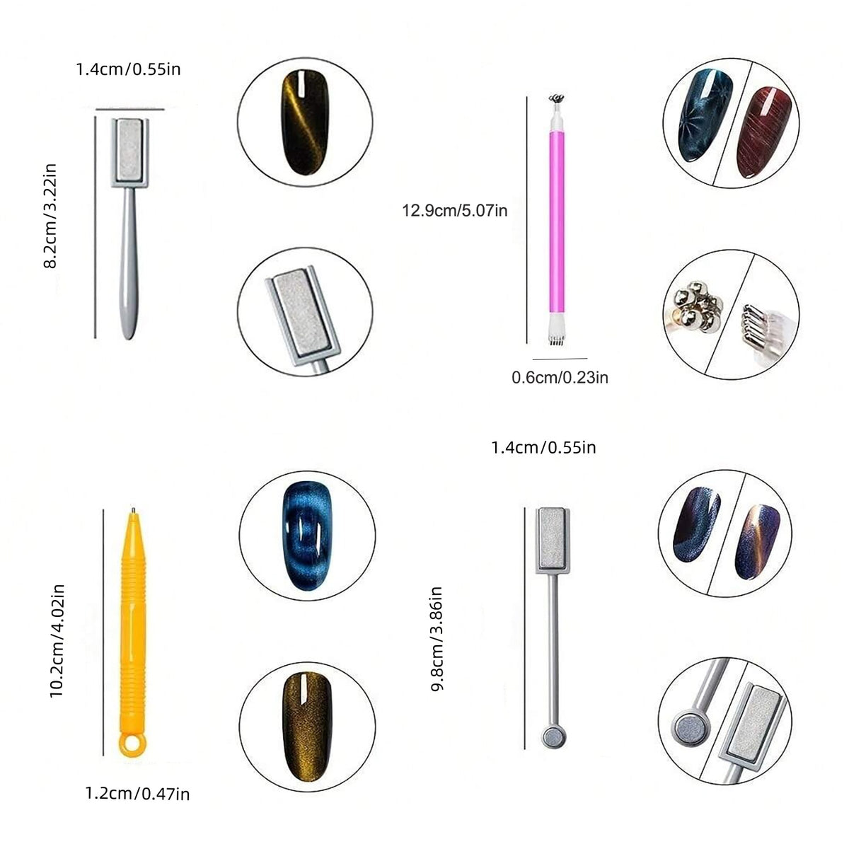 Nine pattern magnet heads with stripes, hearts, waves and starbursts for cat eye nails