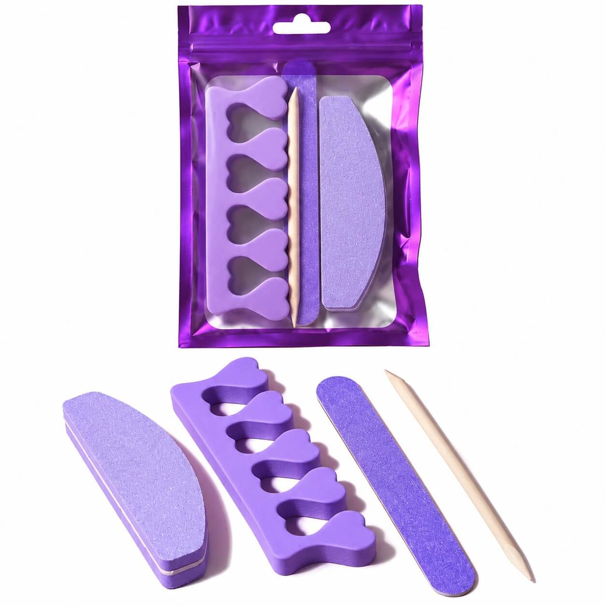 Nail pedicure care tools disposable set in a purple zip pouch