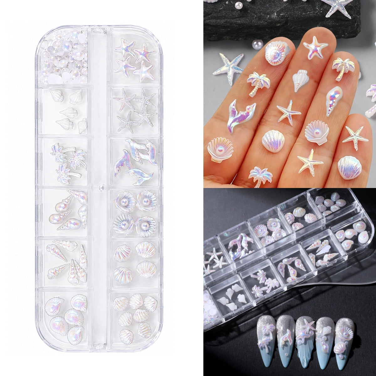 Ocean-themed nail charms set with seashells, starfish, and pearls