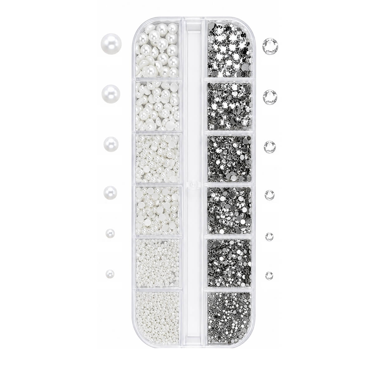 Nail decoration kit with pearls, rhinestones, and storage case