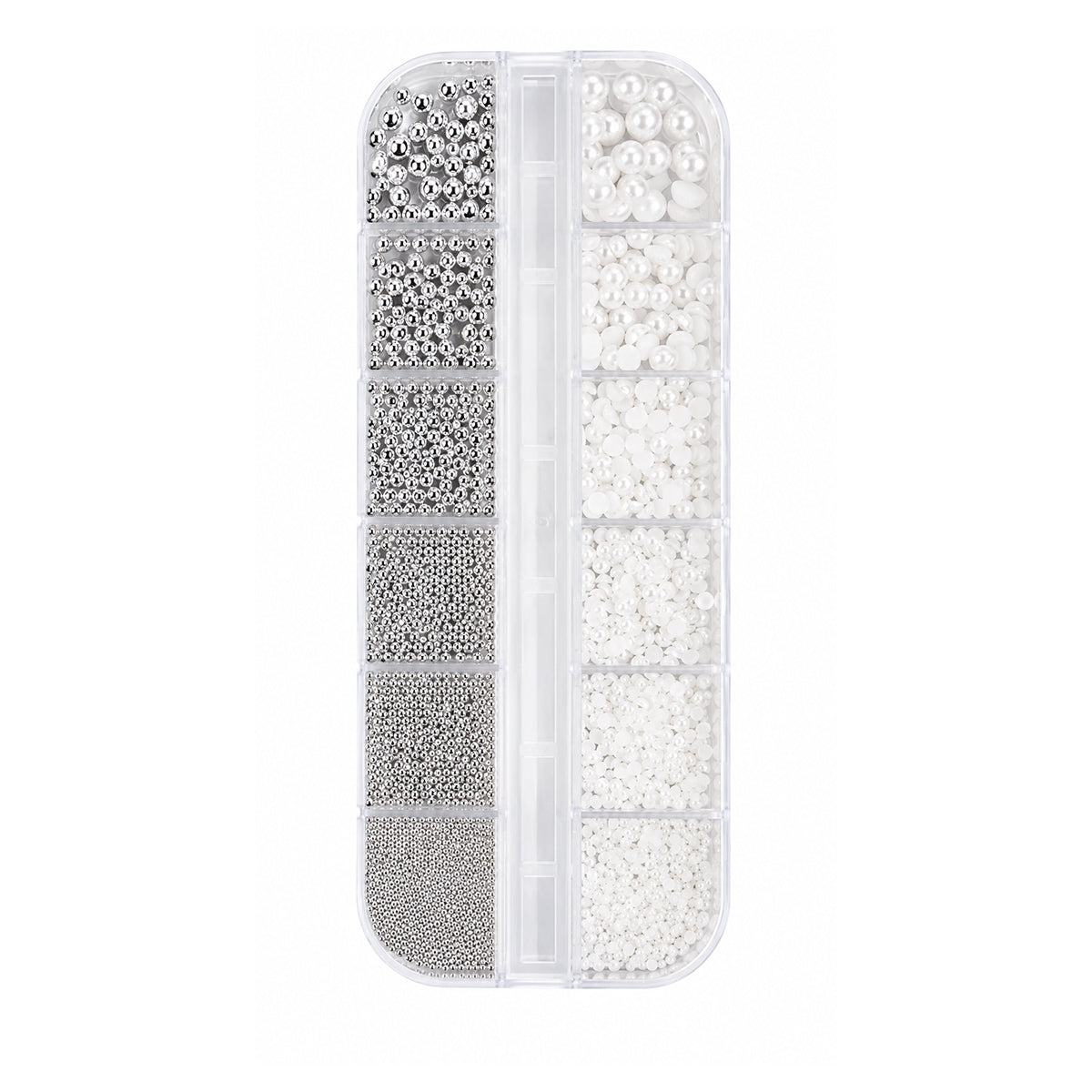 Mixed-size pearl and silver nail decorations with storage case