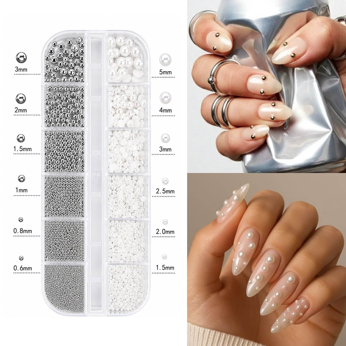 Pearl & Silver Caviar Beads Nail Art Set with organizer