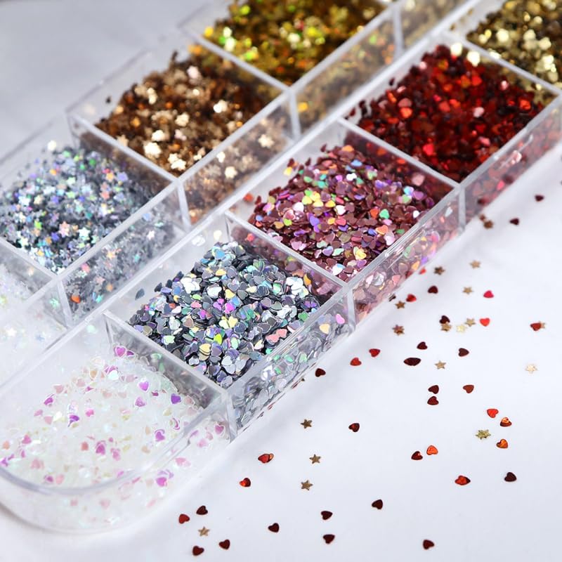 Star & Heart Nail Glitter Set, gold and black star glitter on clear nail tips