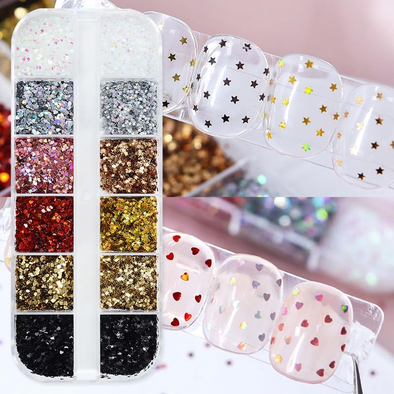 Star & Heart Nail Glitter Set, close-up of individual star and heart shapes