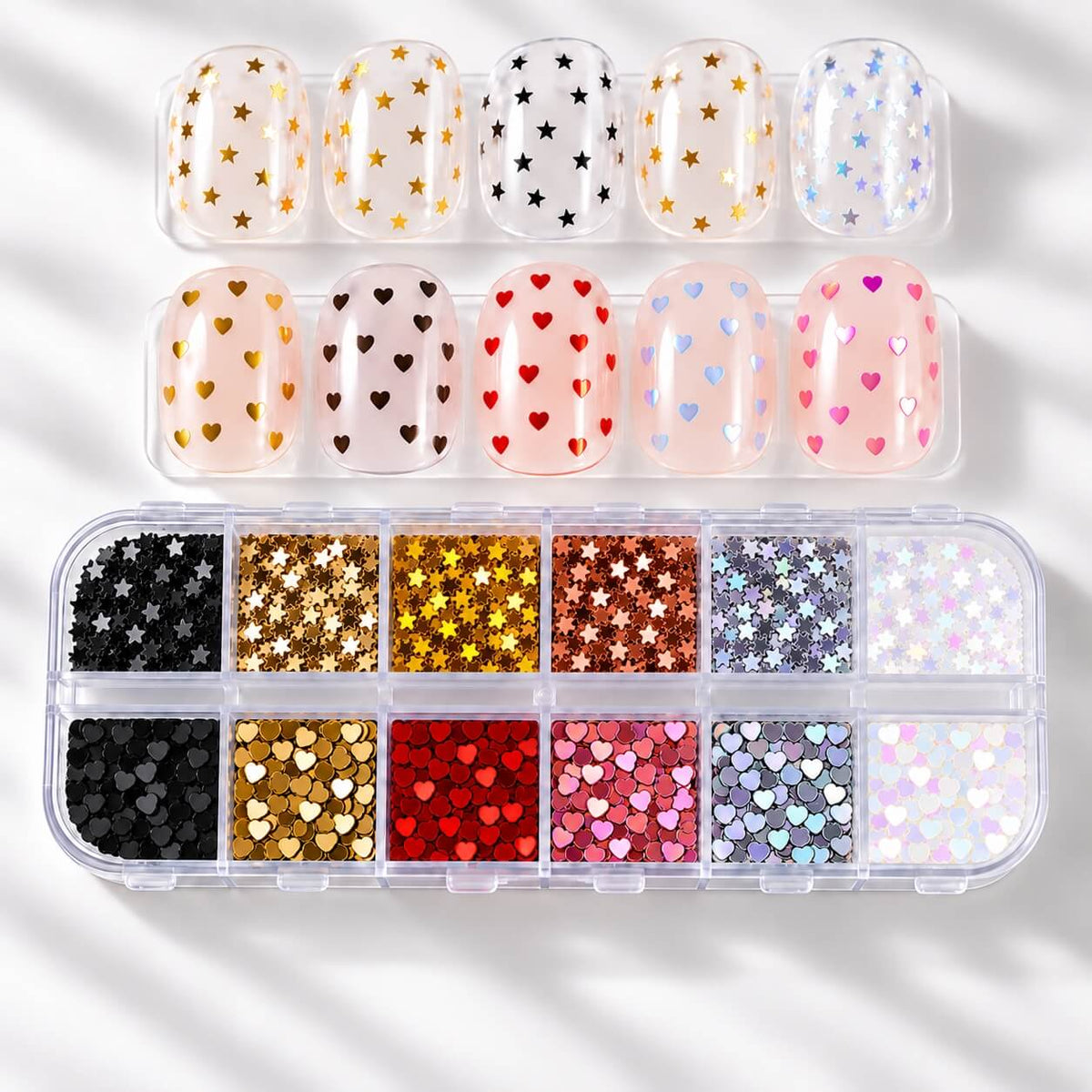 Star & Heart Nail Glitter Set, 12-color compartment tray, full kit
