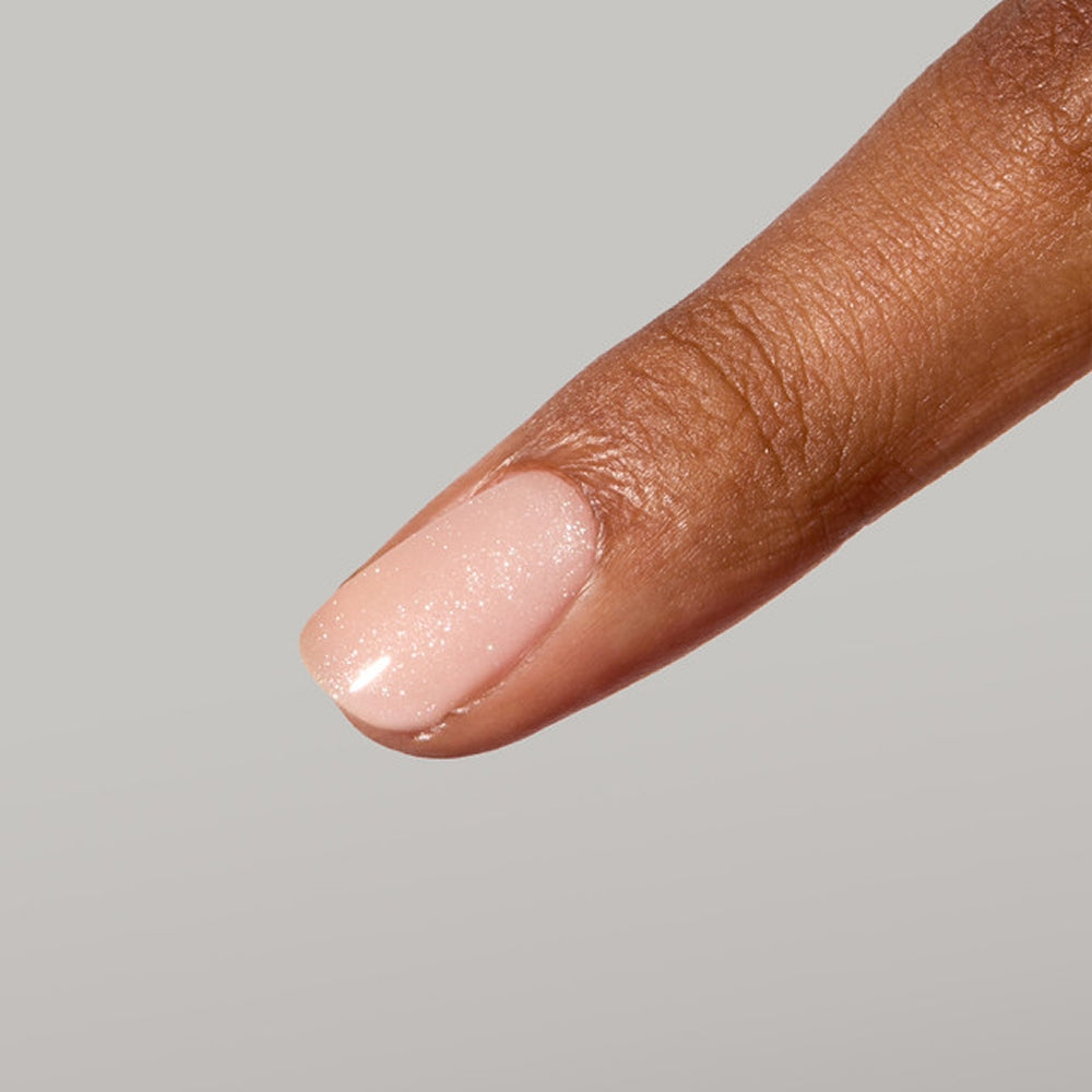 Soft pink glitter manicure using Aurora Fibre BIAB