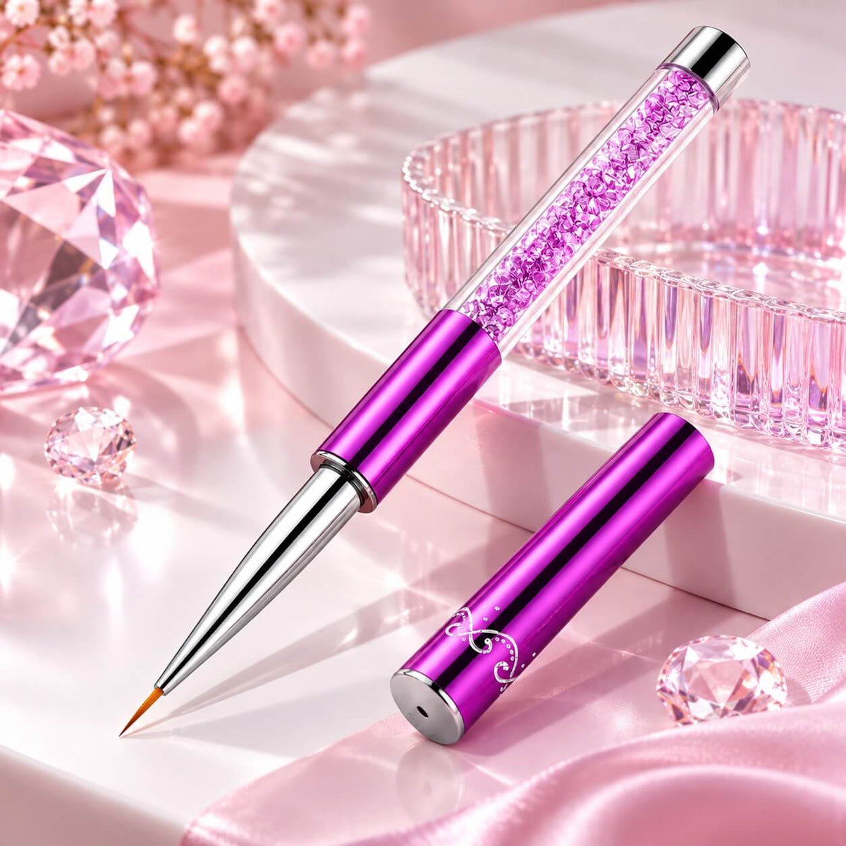 Fine nail brush with crystal-filled acrylic handle and silver ferrule