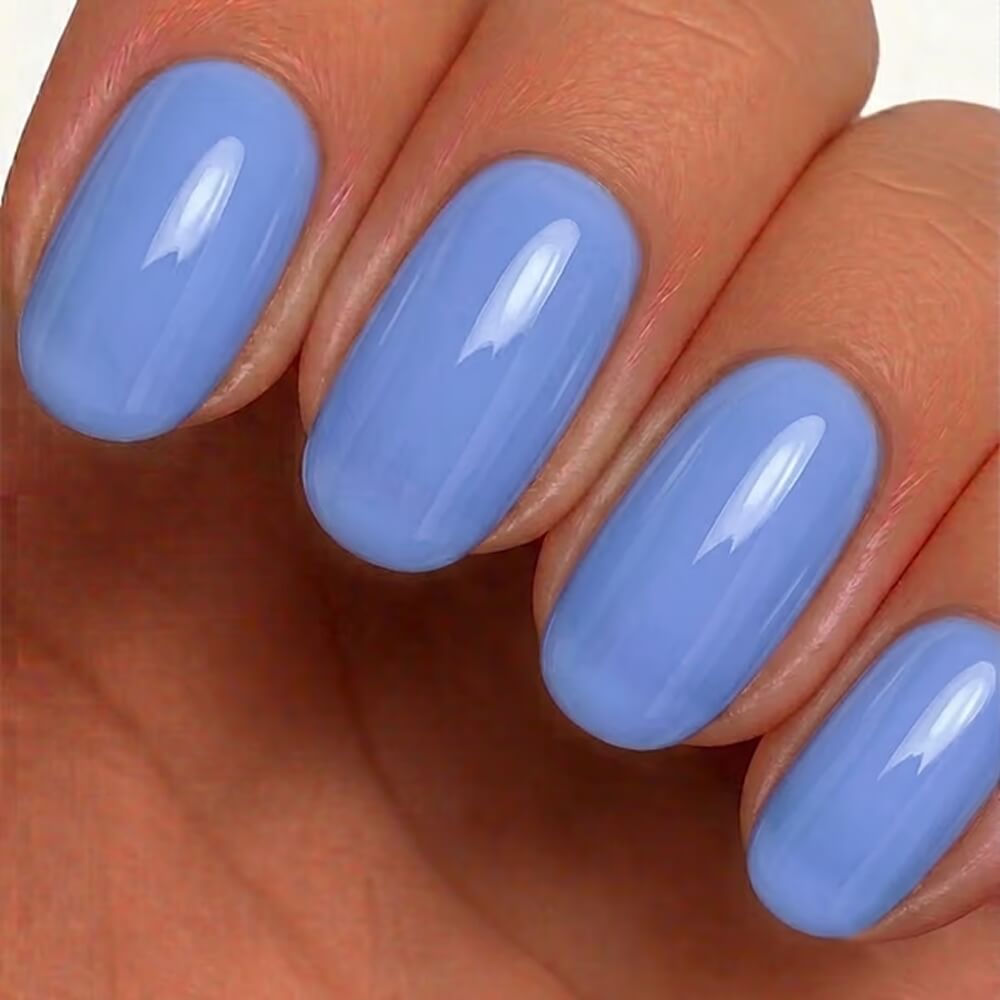 TOUCH Cover Base 19 — swatch on nail tip, light blue finish