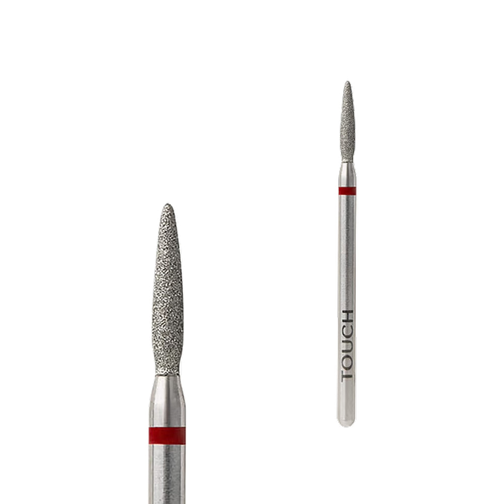 021 — TOUCH Diamond Flame Bit Rounded Tip Red — full bit, rounded flame shape close-up