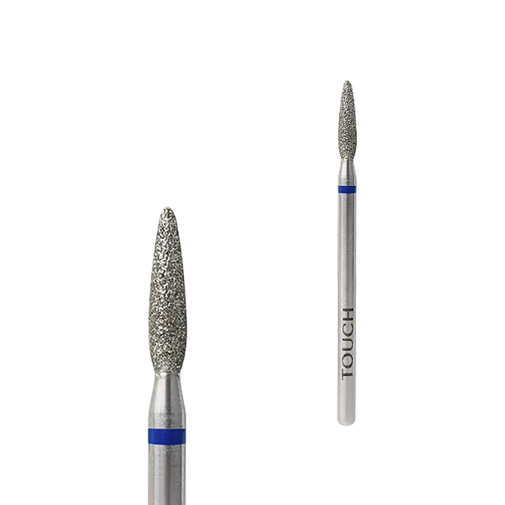 TOUCH Diamond Flame Bit Rounded Tip Blue 023 — full bit, rounded flame shape close-up