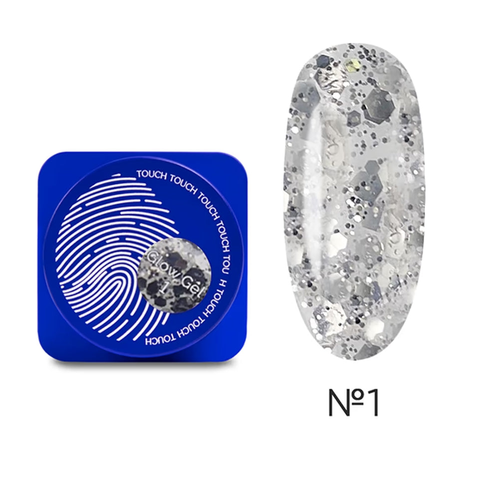 TOUCH Glow Gel 1 — closed jar, clear gel with silver holographic flakes