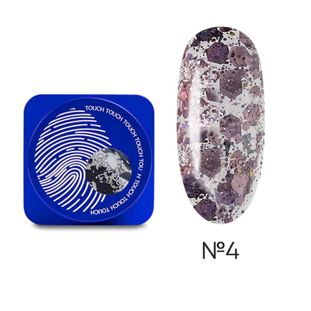 5ml — TOUCH Glow Gel 4 — closed jar, clear gel with violet holographic flakes