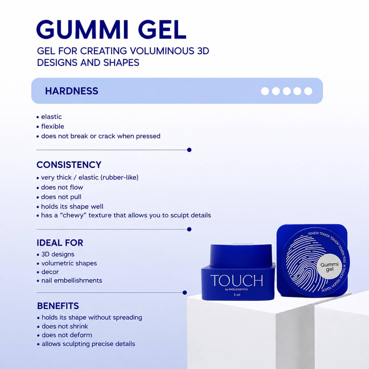 A transparent, flexible gel built for creating 3D nail designs, with a consistency similar to modeling clay — thick and moldable rather than fluid, letting a technician shape raised, sculptural details directly on the nail.