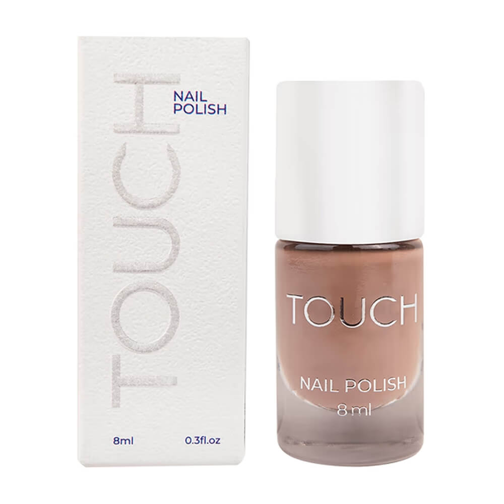 TOUCH Nail Polish 04 — open bottle with brush, brown enamel