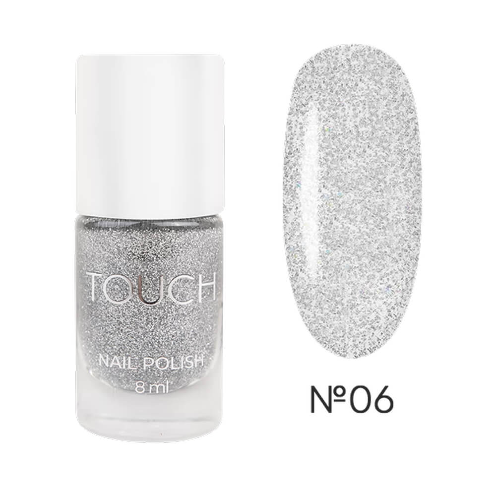 TOUCH Nail Polish 06 — closed bottle, clear with silver microshimmer