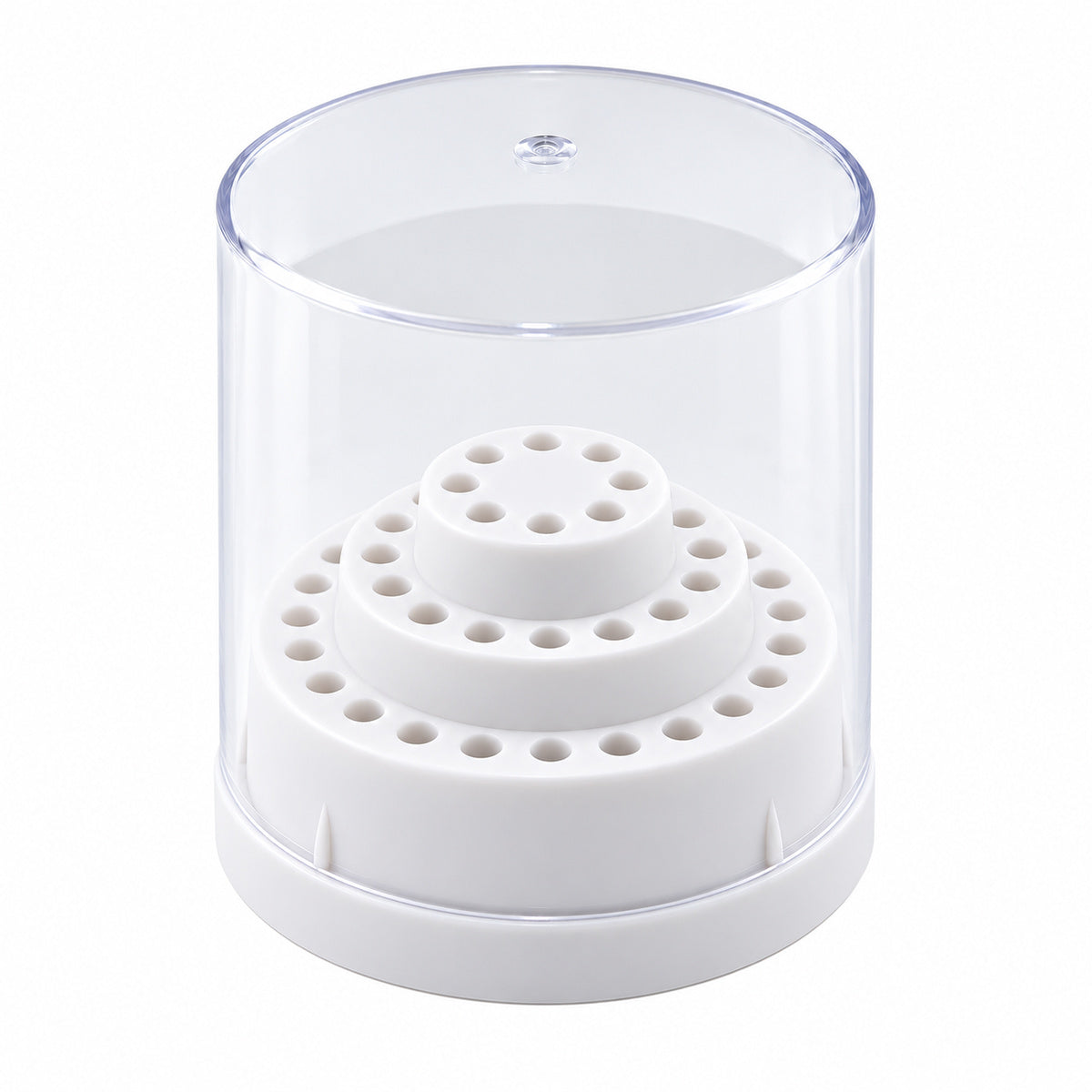 White 48-hole nail drill bit stand with a transparent cover