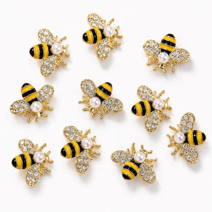 Gold 3D crystal bee nail charms with pearl accents for nail art, 10 pcs