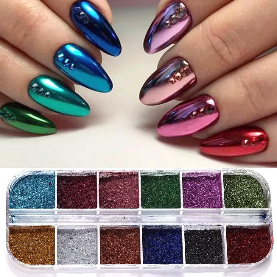 12 Colors Metallic Powder Nail Pigment Set