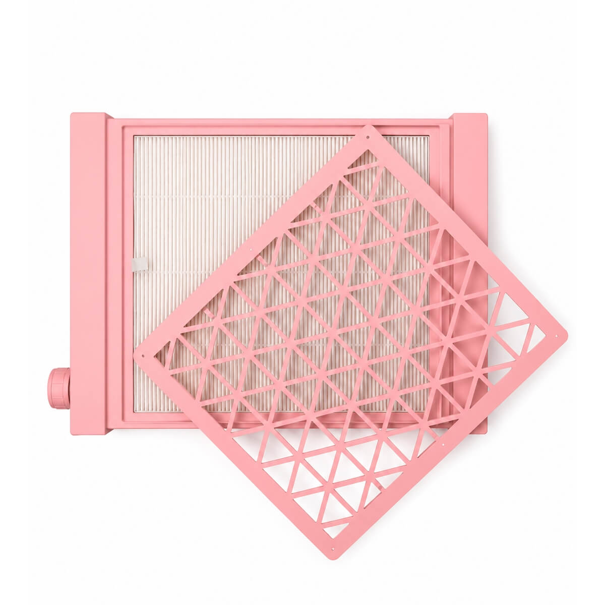 Aero Maxi pink dust collector with the magnetic lid open, showing the HEPA filter