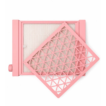 Aero Maxi pink dust collector with the magnetic lid open, showing the HEPA filter