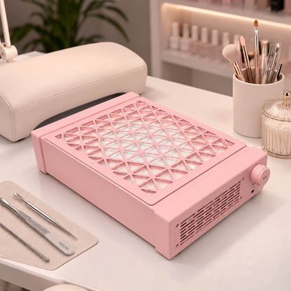 Aero Maxi pink dust collector with the magnetic lid open, showing the HEPA filter