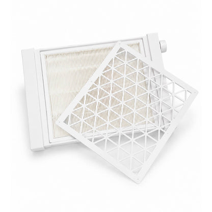 Aero Maxi dust collector with the magnetic lid open, showing the HEPA filter