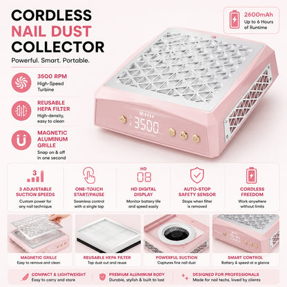 Nail technician using a portable dust collector filing acrylic nails