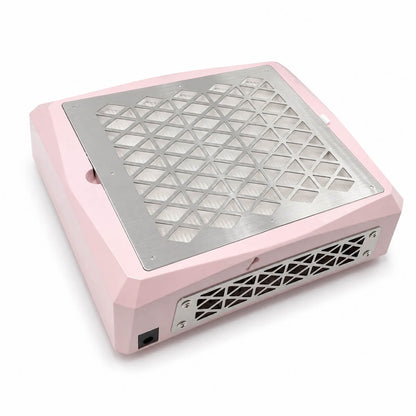 Pink nail dust collector next to a power adapter and user manual