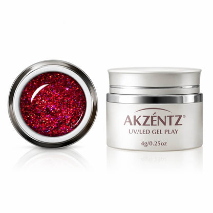 Akzentz Gel Play Dazzle Raspberry, 4g, open pot with glitter texture visible