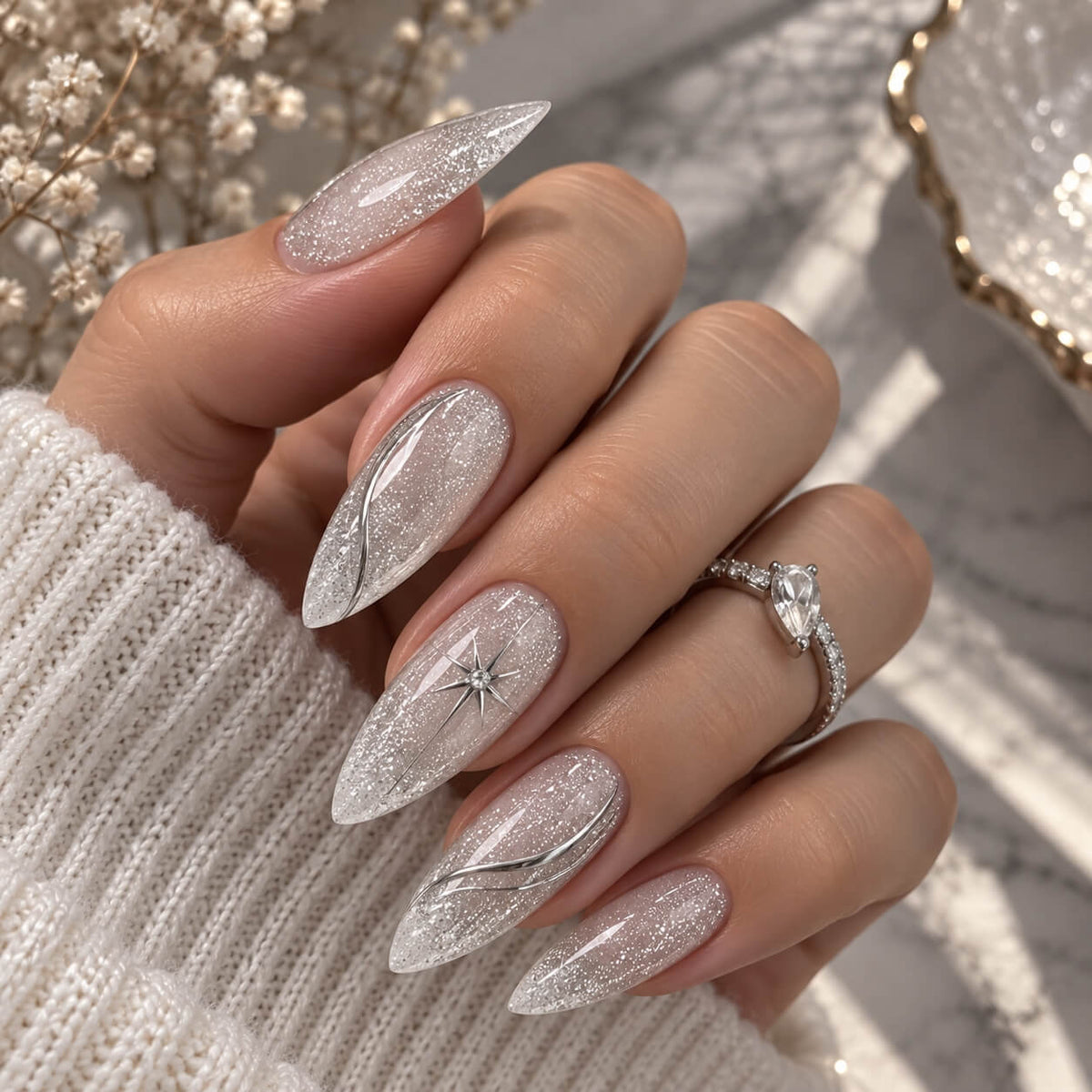 Akzentz Gel Play Glitter Silver, 4g, light-reflective glitter swatch on nail tip