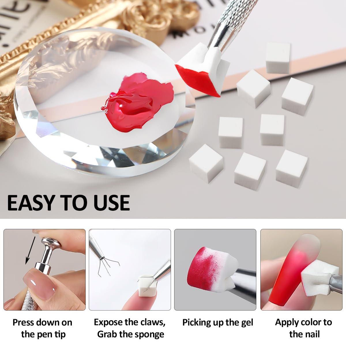 100 Pcs Soft Nail Sponges with Grabbing Pen, Nail Art Sponge for Ombre, Gradient Effect Painting Gel Halo Dyeing Tool Brush
