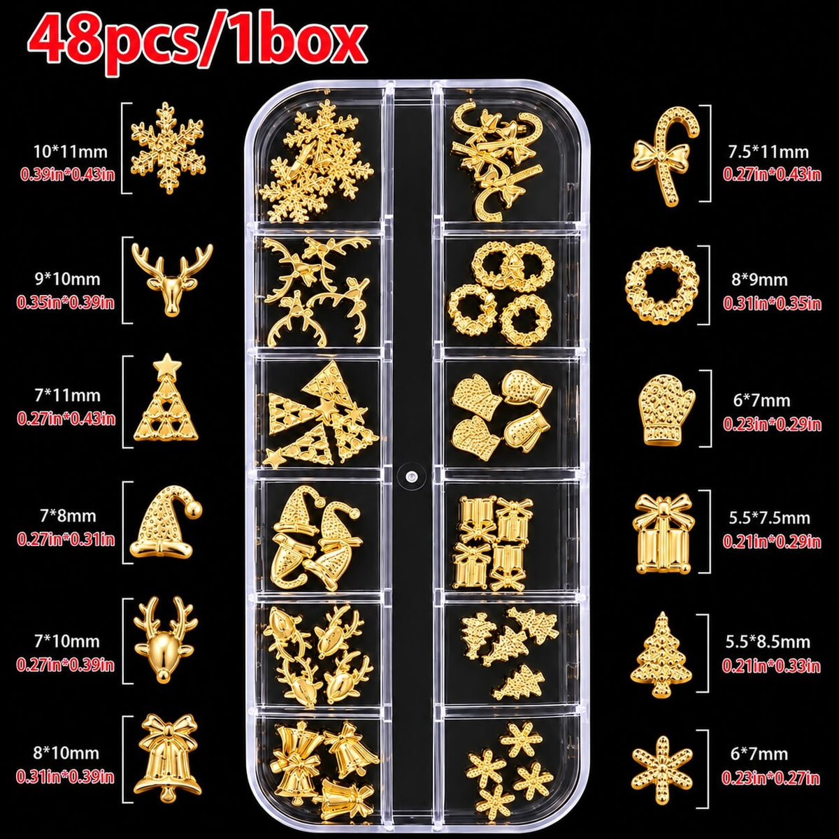 Gold Christmas 3D metal nail art charms, 48 pieces in a 12-compartment organizer