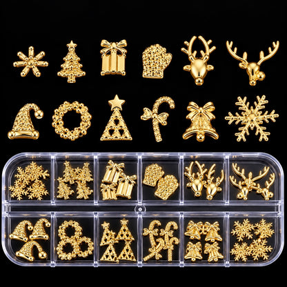 Christmas nail decoration set with gold snowflakes, reindeer, bells and festive trees