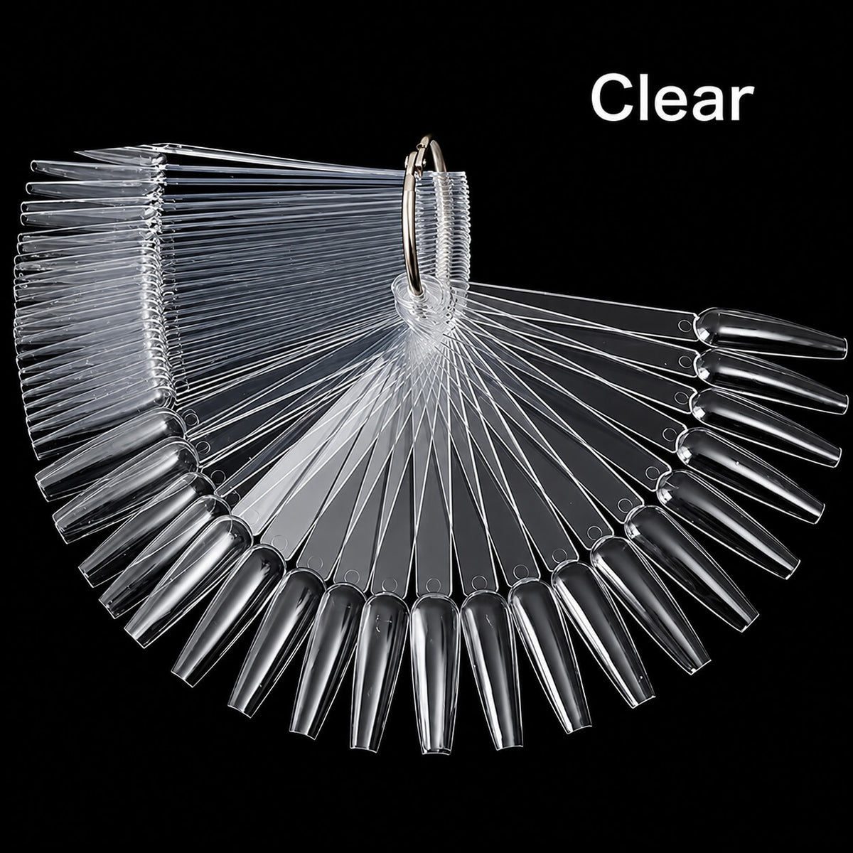 50 clear display tips fanned out for a gel polish palette