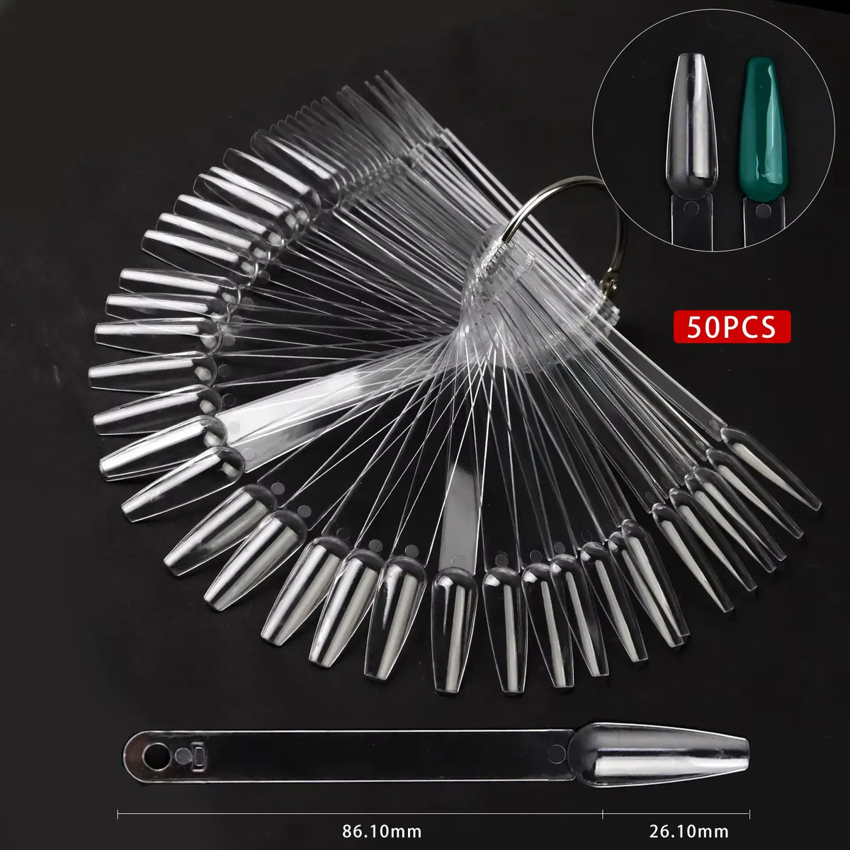Clear ballerina swatch nail tips, 50pcs, on a metal ring