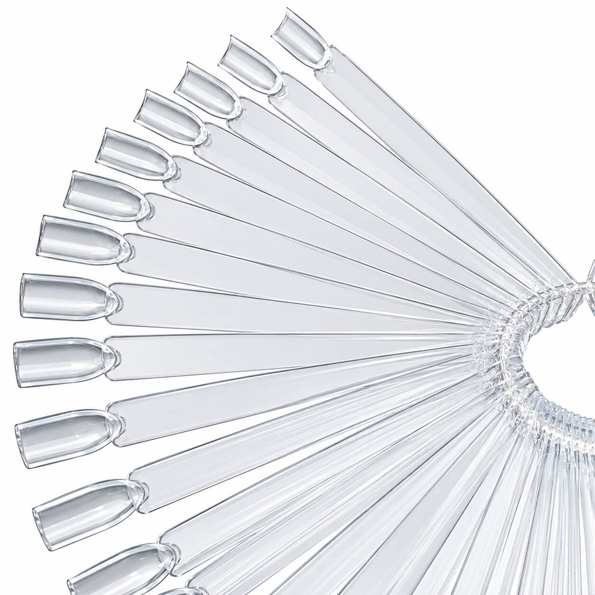 Fan of 50 clear swatch nail tips on a metal ring