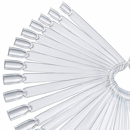 Fan of 50 clear swatch nail tips on a metal ring