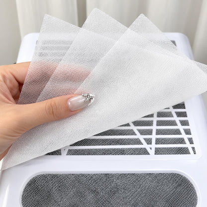 Disposable white nail dust collector filter sheets, 100 pcs, 9.25 × 7.48 inches.
