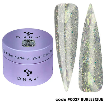 30ml — DNKa Builder Gel #0027 Burlesque — closed jar, silver glitter translucent gel