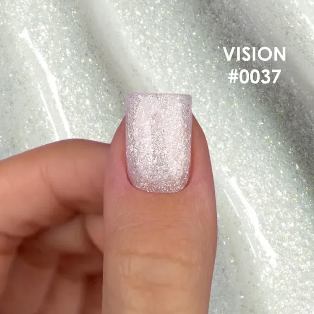 DNKa Builder Gel #0037 Vision — full extension set, milky shimmer finish
