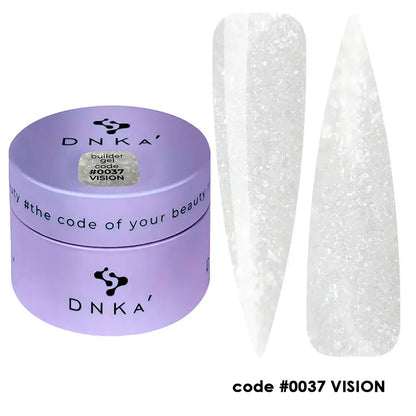30m-DNKa Builder Gel #0037 Vision -swatch on nail tip, milky shimmer builder gel